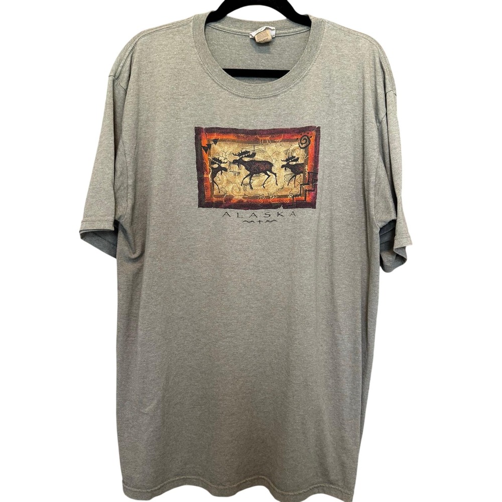 Vintage Moose Cave Art Print Eco Mountain Alaska T-Shirt Mens XL Travel Gorpcore